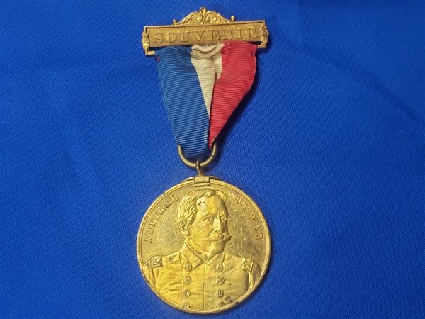 GAR 32nd Encamp 1898 souvenir with Admiral Dewey on Front. This is a excellent medal with the original gilding on the planchet and the top bar, ribbon in good condition and in 1898 they decided to place admiral Dewey on the front