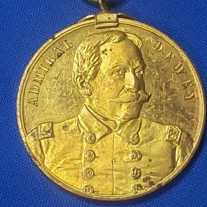 GAR 32nd Encamp 1898 souvenir with Admiral Dewey on Front. This is a excellent medal with the original gilding on the planchet and the top bar, ribbon in good condition and in 1898 they decided to place admiral Dewey on the front