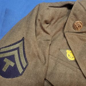 Tunic 95th Div Engineer with T3 rank and 3 battle stars. This is an excellent condition WWII tunic. 1944 dated with 1 moth bite on lapel as seen in the photo. Excellent patches with original screw on collar insignia and early embroidered