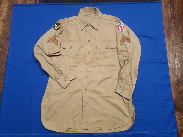 shirt-cbi-tan-wwii-sgt-with-theater-made-insignia-patches-buttons-damage-collar-stain