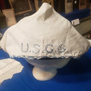 cap-hat-cover-uscg-spars-woman-wwii-white-lace-trim-embroidered-pair