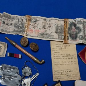 grouping-korean-war-short-snorter-dog-tags-pipe-stripes-insignia-bible-with-hunting-license-japan-silver-bracelet-45th-division