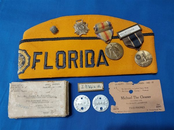 grouping-word-war-one-joseph-michael-cleaner-with-dog-tags-american-legion-cap-medals-shipping box-victory-medal