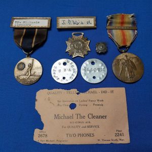 grouping-word-war-one-joseph-michael-cleaner-with-dog-tags-american-legion-cap-medals-shipping box-victory-medal