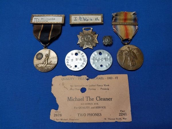 grouping-word-war-one-joseph-michael-cleaner-with-dog-tags-american-legion-cap-medals-shipping box-victory-medal