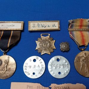 grouping-word-war-one-joseph-michael-cleaner-with-dog-tags-american-legion-cap-medals-shipping box-victory-medal