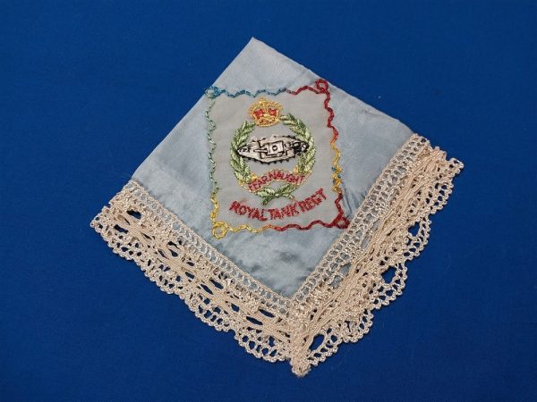 british-handkerchief-from-royal-tank-regiment-embroidered-on-blue-sild-lace-trimmed-world-war-two-wwii