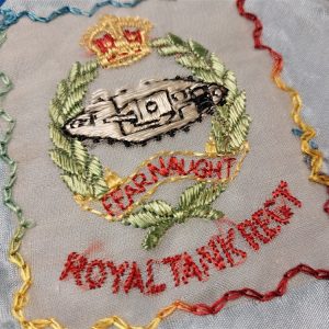 british-handkerchief-from-royal-tank-regiment-embroidered-on-blue-sild-lace-trimmed-world-war-two-wwii