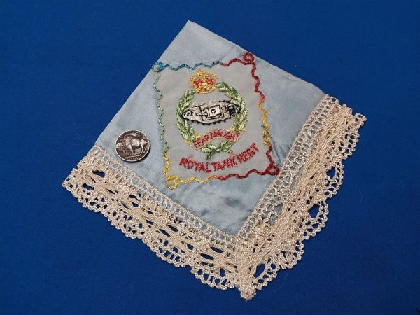 british-handkerchief-from-royal-tank-regiment-embroidered-on-blue-sild-lace-trimmed-world-war-two-wwii