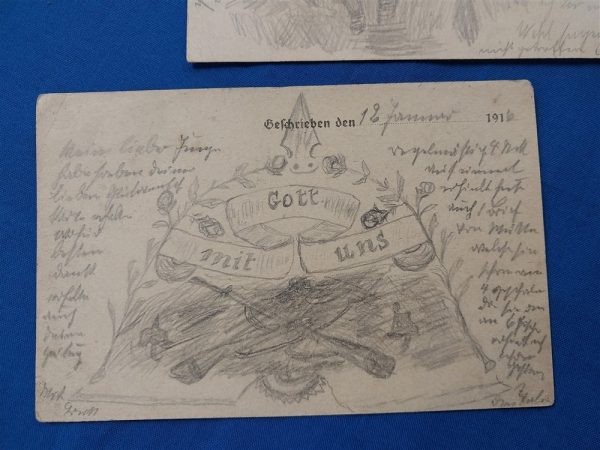 world-war-one-german-field-post-cards-with-drawings-of-trenches-and-helmet-perconal-notes-on-the-back-wwi