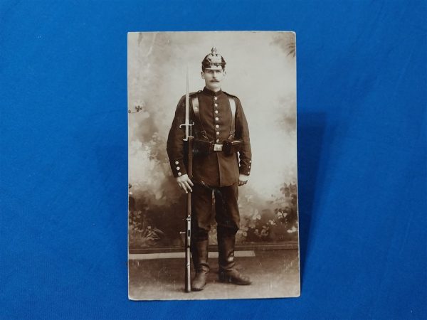 german-real-picture-post-card-of-infantry-man-early-brass-helmet-parts-early-rifle-rppc-dress-5