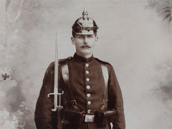 german-real-picture-post-card-of-infantry-man-early-brass-helmet-parts-early-rifle-rppc-dress-5