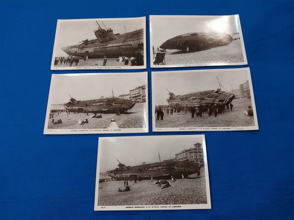 real-picture-post-card-set-of-5-beaching-of-u-118-submarine-german-in-1919-in-hastings-england