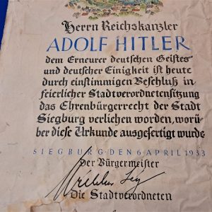 german-world-war-two-adolph-hitler-1933-dated-citizen-ship-granted-award-from-siegburg-bavaria-original-hand-coligraphy-rough-condition