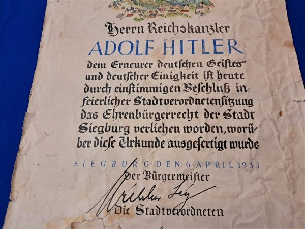 german-world-war-two-adolph-hitler-1933-dated-citizen-ship-granted-award-from-siegburg-bavaria-original-hand-coligraphy-rough-condition