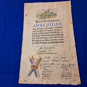 german-world-war-two-adolph-hitler-1933-dated-citizen-ship-granted-award-from-siegburg-bavaria-original-hand-coligraphy-rough-condition