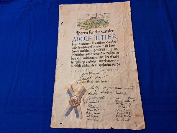 german-world-war-two-adolph-hitler-1933-dated-citizen-ship-granted-award-from-siegburg-bavaria-original-hand-coligraphy-rough-condition