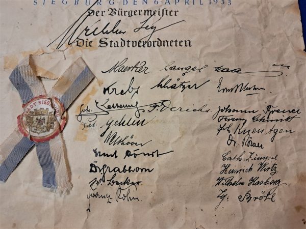 german-world-war-two-adolph-hitler-1933-dated-citizen-ship-granted-award-from-siegburg-bavaria-original-hand-coligraphy-rough-condition