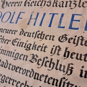 german-world-war-two-adolph-hitler-1933-dated-citizen-ship-granted-award-from-siegburg-bavaria-original-hand-coligraphy-rough-condition