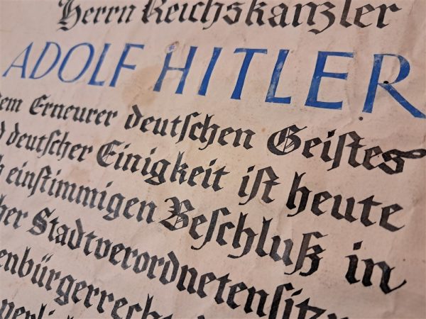 german-world-war-two-adolph-hitler-1933-dated-citizen-ship-granted-award-from-siegburg-bavaria-original-hand-coligraphy-rough-condition