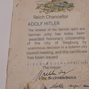 german-world-war-two-adolph-hitler-1933-dated-citizen-ship-granted-award-from-siegburg-bavaria-original-hand-coligraphy-rough-condition