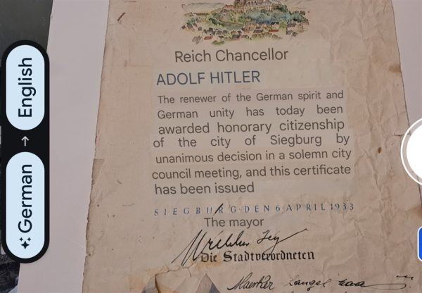 german-world-war-two-adolph-hitler-1933-dated-citizen-ship-granted-award-from-siegburg-bavaria-original-hand-coligraphy-rough-condition