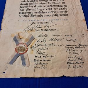 german-world-war-two-adolph-hitler-1933-dated-citizen-ship-granted-award-from-siegburg-bavaria-original-hand-coligraphy-rough-condition