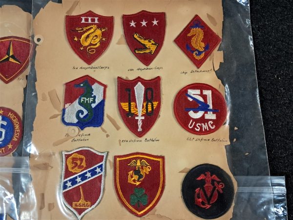 world-war-two-marine-corps-original-patch0set-collection-scrap-book-pasted-original-unissued-complete-41-total