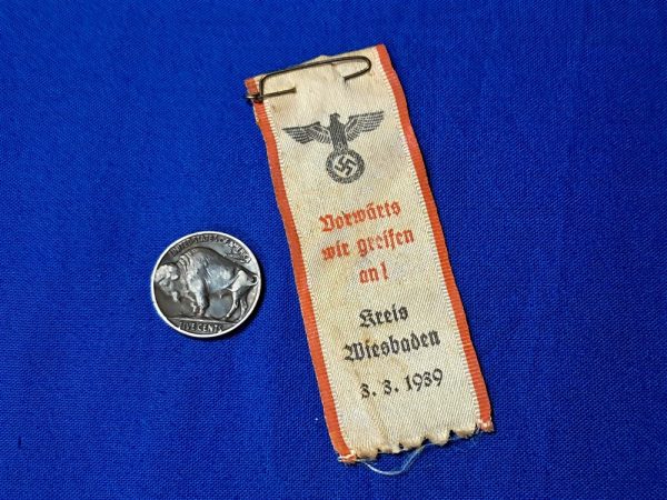 world-war-two-german-national-socialist-party-ribbon-with-we-move-forward-attack-1939-dated-with-pin