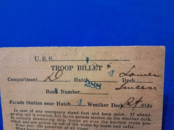 world-war-one-troop-ticket-for-santa-cesillia-transport-ship-soldiers-bunk-number